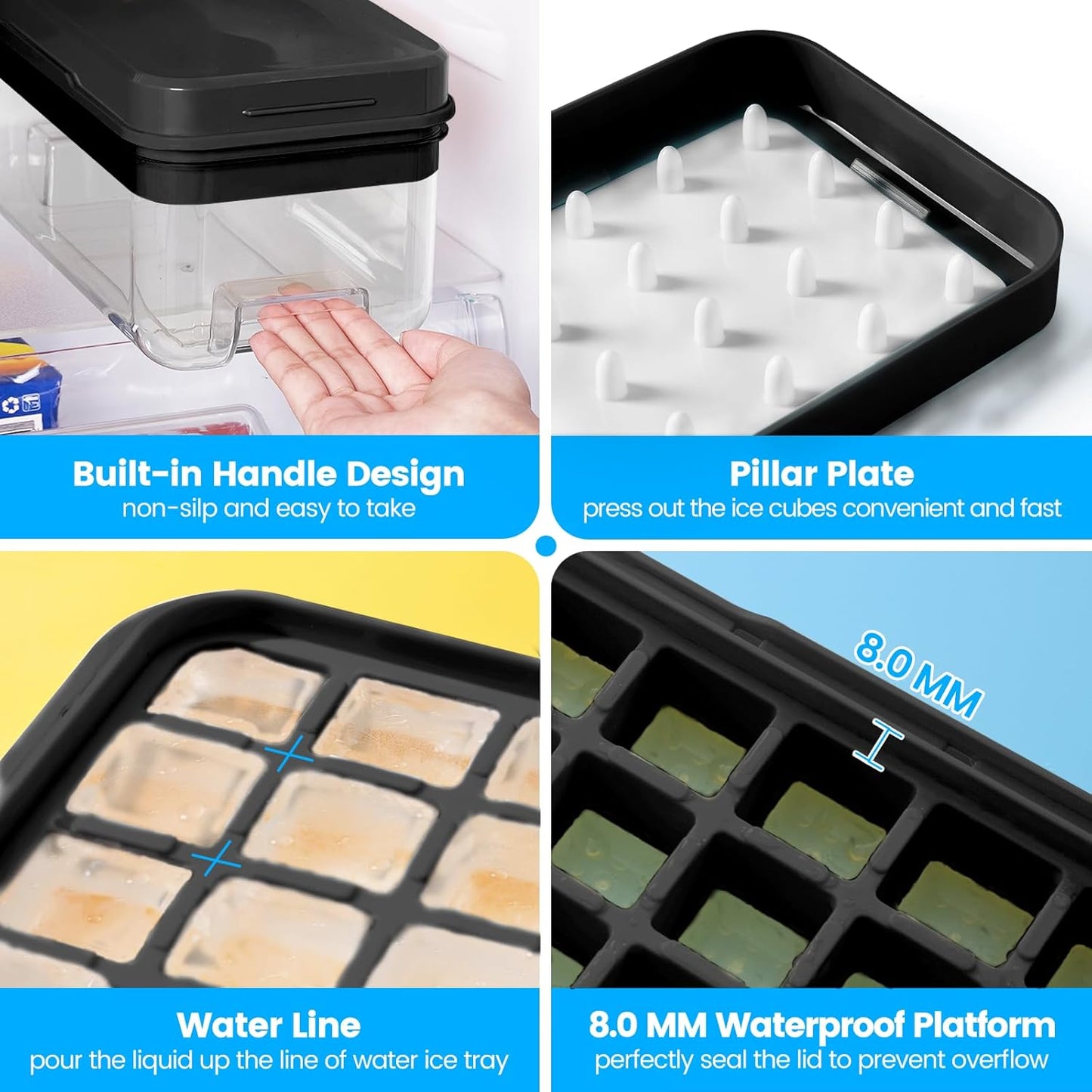 PHINOX Ice Cube Tray with Lid and Bin, 3 Pack Plastic Ice Cube Tray Molds, 96(4*8*3) pcs Ice Trays for freezer, Chilling Drinks, Whiskey & Cocktails, with Ice Container and Ice Scoop, BPA-Free, Black