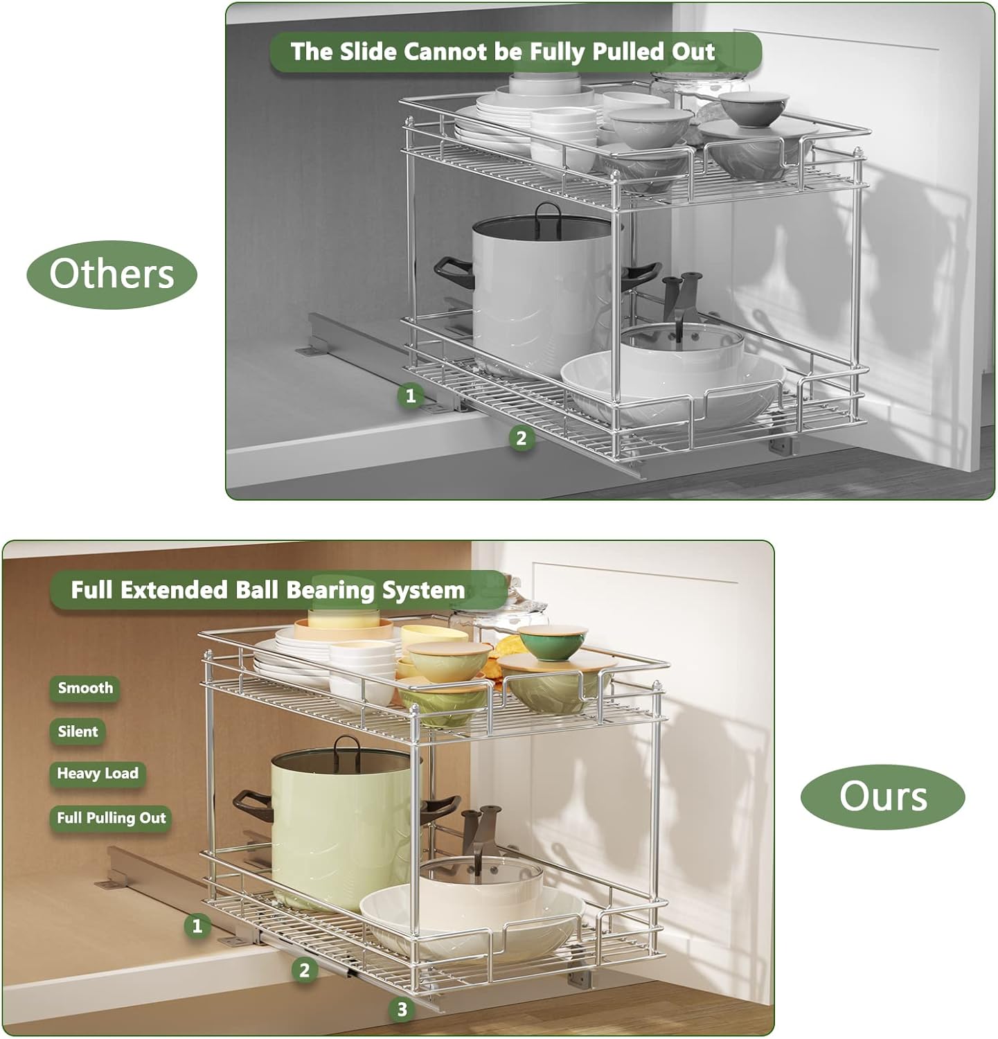 ROOMTEC Pull Out Cabinet Organizer, Kitchen Cabinet Organizer and Storage 2-Tier Cabinet Pull Out Shelves for Kitchen,Under Sink Organizers and Storage 14" W x 21" D Chrome