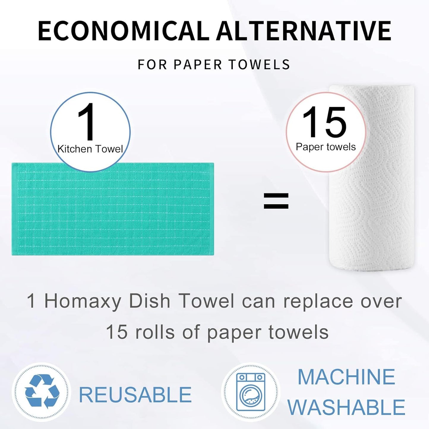 Homaxy 100% Cotton Terry Kitchen Towels(Turquoise, 13 x 28 inches), Checkered Designed, Soft and Super Absorbent Dish Towels, 4 Pack