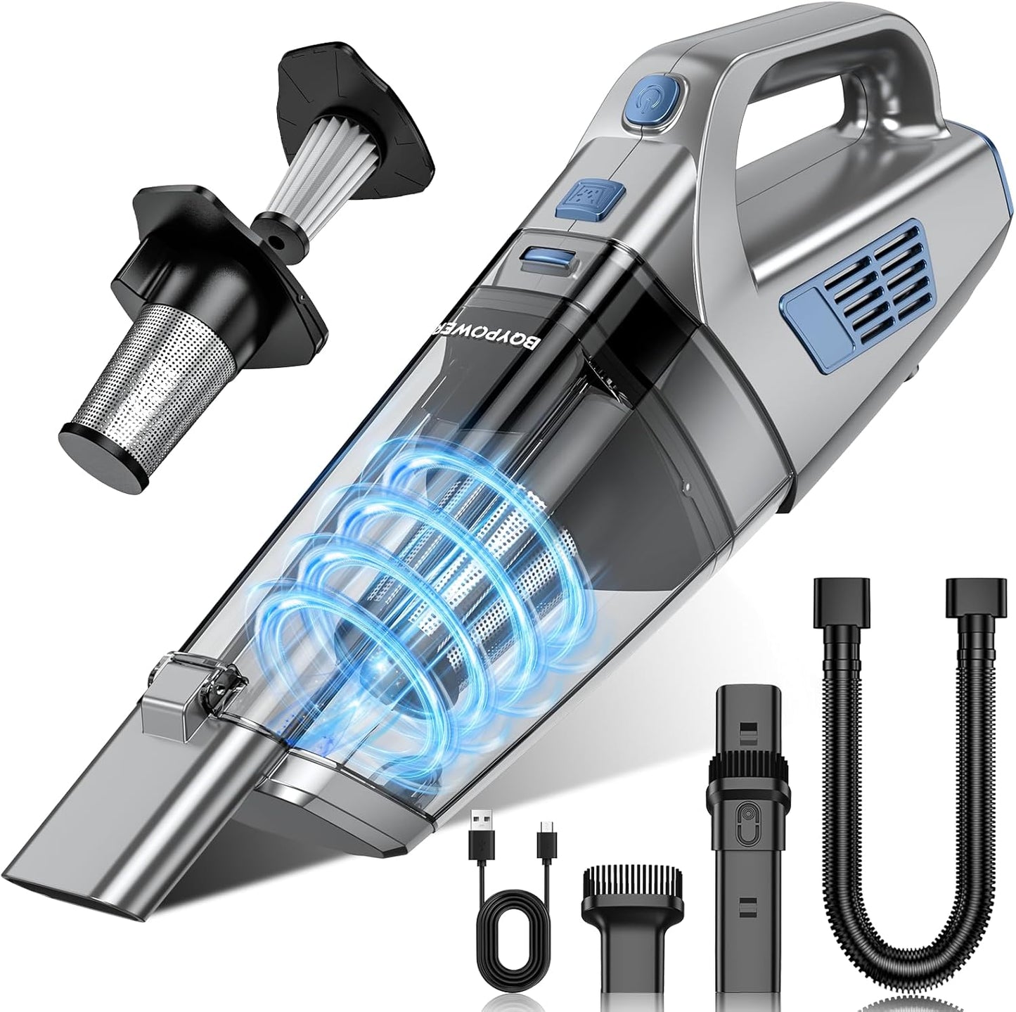BQYPOWER Handheld Vacuum Cordless, 16000PA Strong Suction Hand Held Vacuum Dust Busters Cordless Rechargeable with Multiple Accessories, Portable Car Vacuum Cleaner High Power for Car Home Office