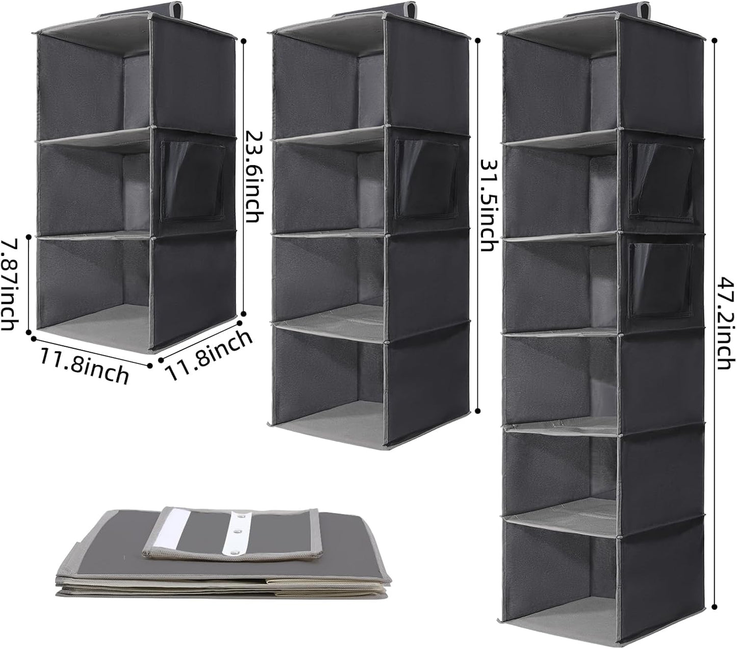 2-Pack Hanging Organizer, 4-Shelf Closet Shelves With Side Pockets, Grey