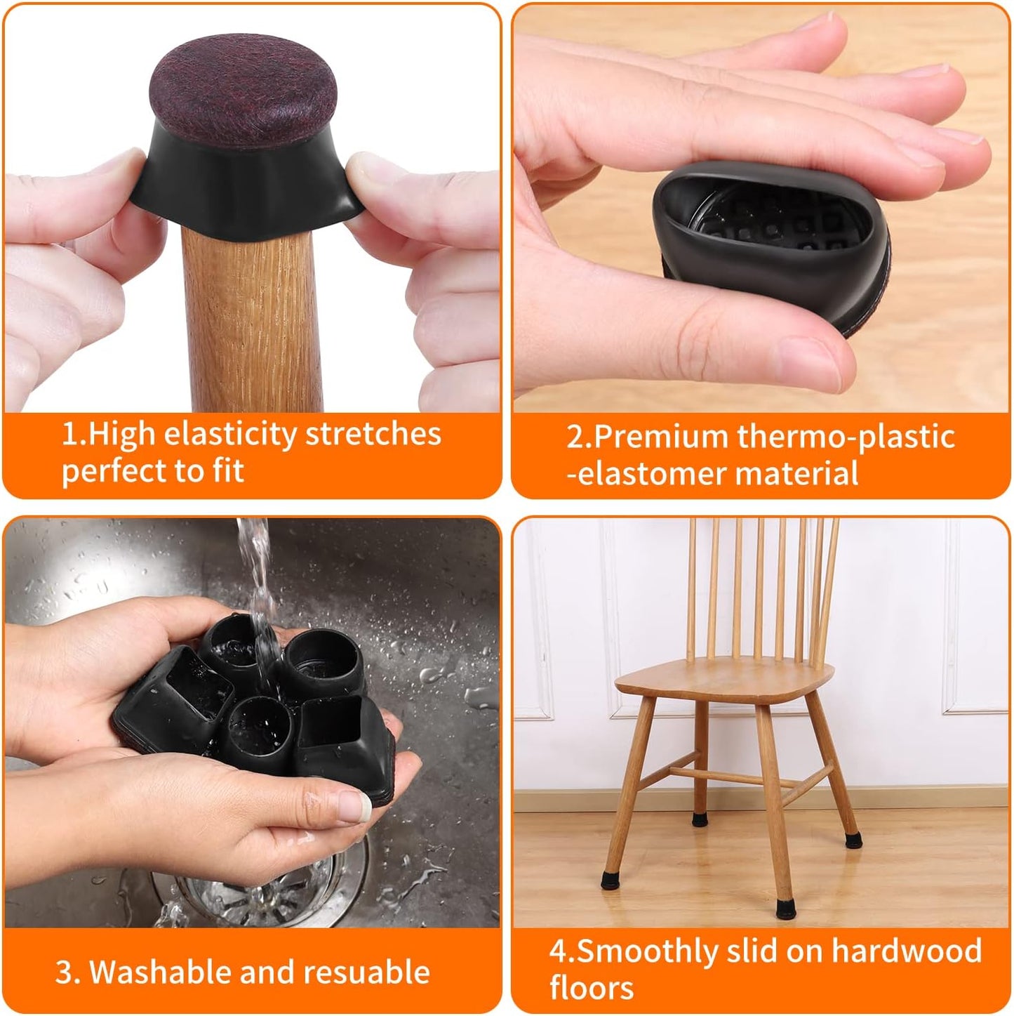 Ezprotekt 24 Pcs Round Silicone Chair Leg Floor Protectors with Felt, Floor Protectors for Chair, Felt Furniture Pads, Chair Leg Caps Cover, Bar Stool Leg Floor Protectors (L Fit: 1.1" - 1.3", Black)