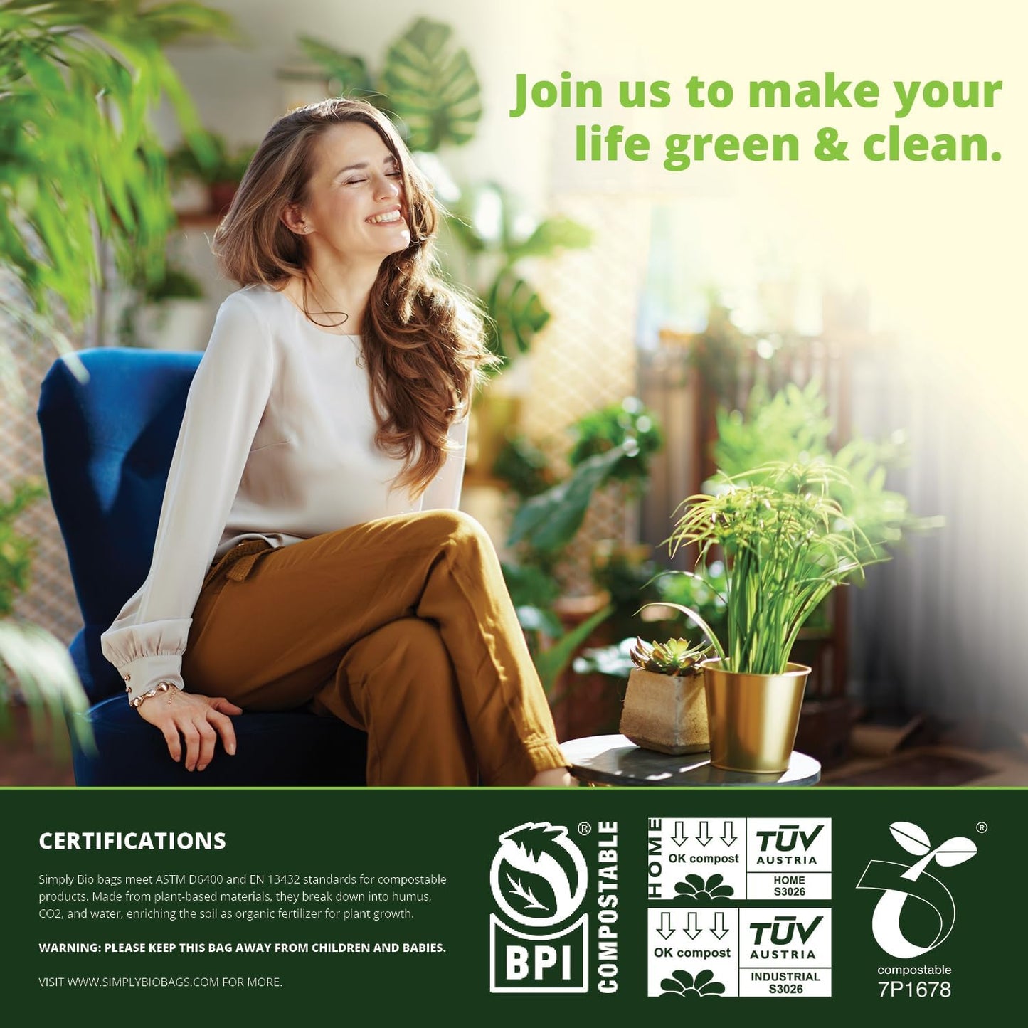 Simply Bio 3 Gallon Compostable Trash Bags Liners with Handle-Tie, Thick 0.67 Mil, 11.36 Liter, 80 Bags, Small Kitchen Food Scrap Waste Bag, ASTM D6400, US BPI and OK Compost Home Certified