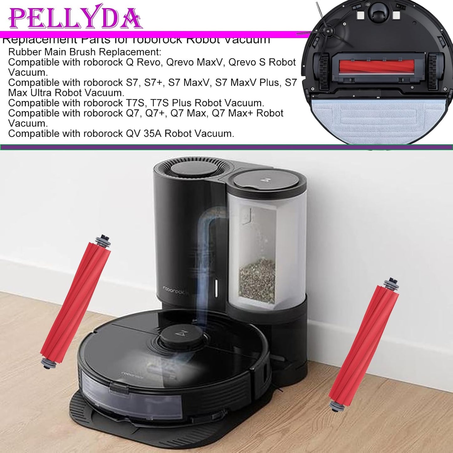 Replacement Roller Brushes, Rubber Main Brush Replacement Parts for roborock Q Revo Series, S7, S7+, S7 MaxV, S7 MaxV Plus, S7 Max Ultra, T7S, T7S Plus, QV 35A, Q7 Series Robot Vacuum.