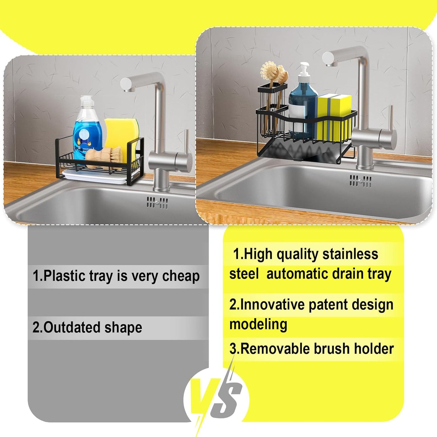 Maifan Sink Caddy Sponge Holder for Kitchen with Brush Holder and Stainless Steel Self Drain Tray, Rustproof Kitchen Sink Organizer for Sponge, Soap Dispenser Storage Accessories