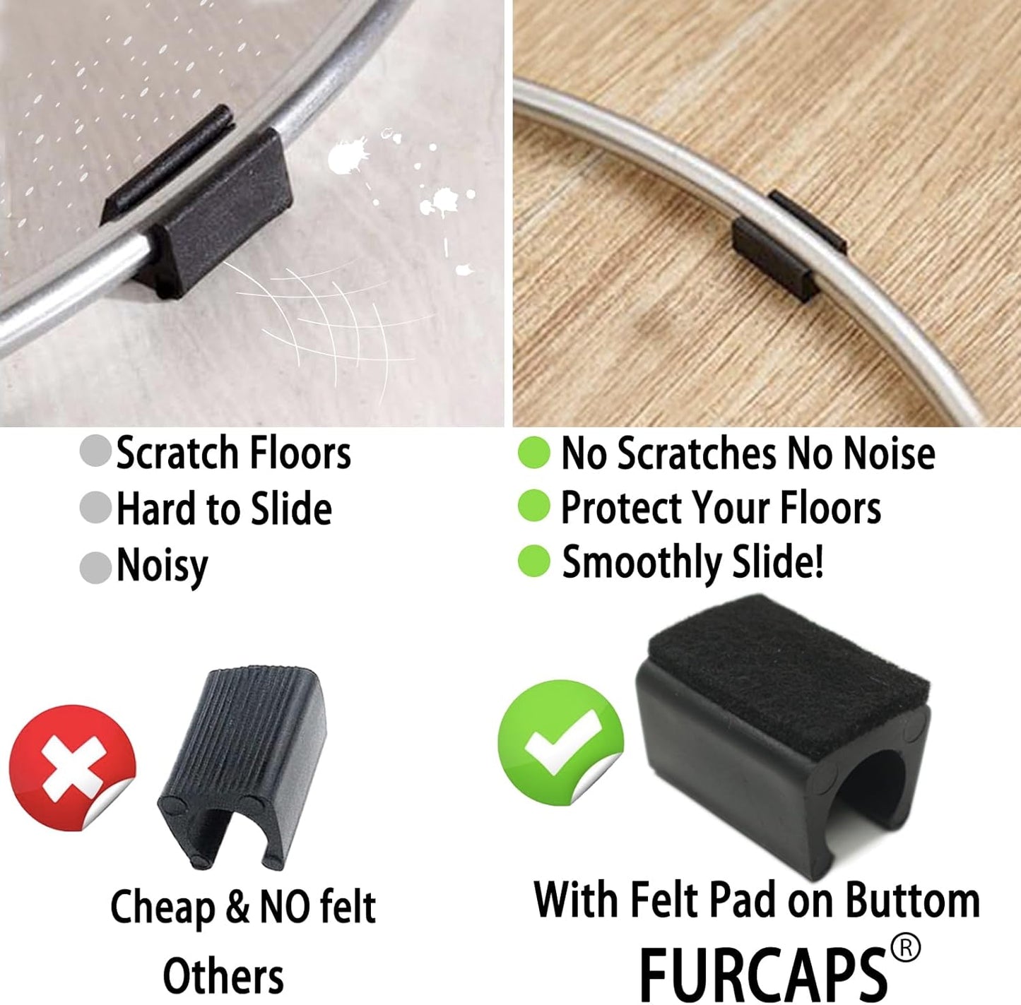 Rectangle U Shaped Chair Leg Tips Cap with Felt Pads,Furniture Feet Protector Slide Smoothly Glides,Protect Hardwood Floor No Scratches No Noise,Fit 14mm(9/16inch) Diameter Tubular Legs (Black 32PCS)