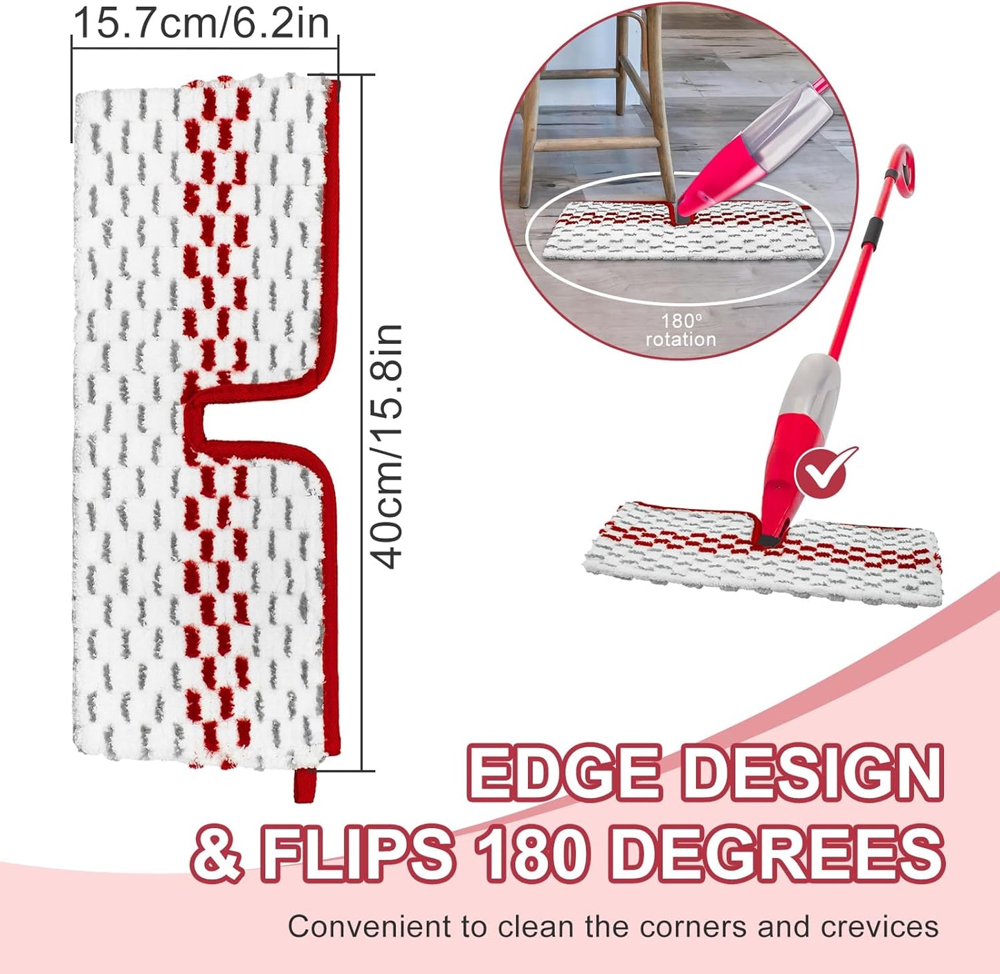 Microfiber Spray Mop Pads - Compatible with Promist MAX, Double Sided Replace Head for Dry/Wet Floor Cleaning Usable (4 Pack Red)