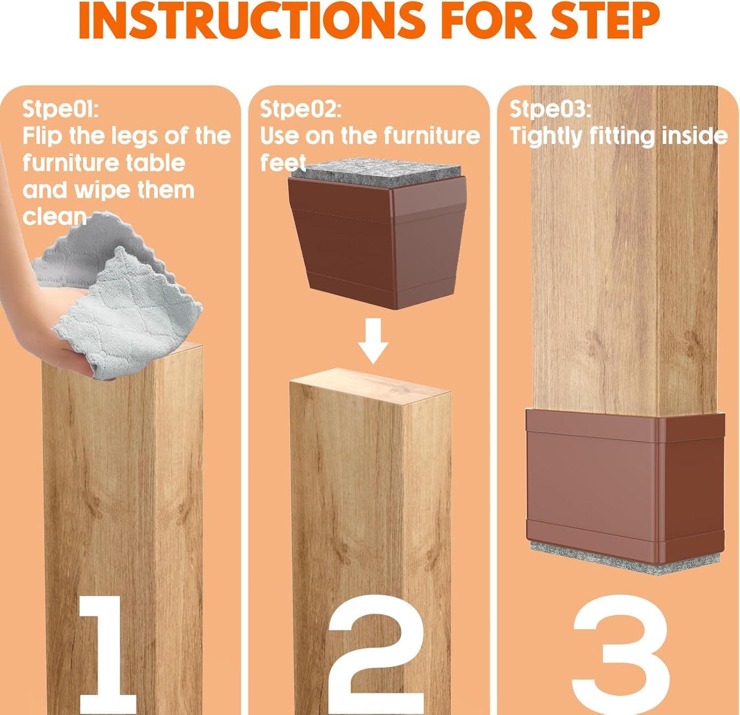 Rectangle Chair Leg Protectors for Hardwood Floors,16 PCS Silicone Covers to Protect Wood Tile Floors Felt Pads Furniture Leg Caps Reduce Noise. Easy to Move.(Brown,1 x 1.25 Inch,Rectangle)