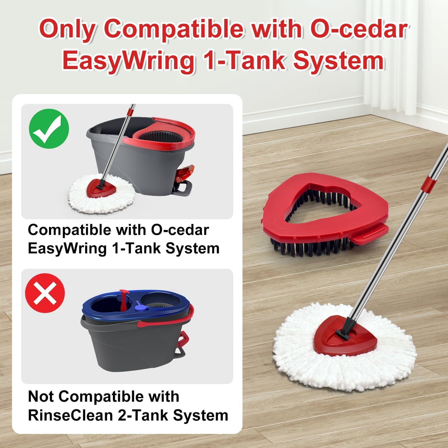 Spin Mop Handle Mop Heads Mop Base Mop Scruby Brush Replacement Sets Combo Compatible with Ocedar EasyWring 1 Tank Spin Mop System (1 Sets Stainless Steel Mop Handle +2 White Heads +1 Base +1 Brush)