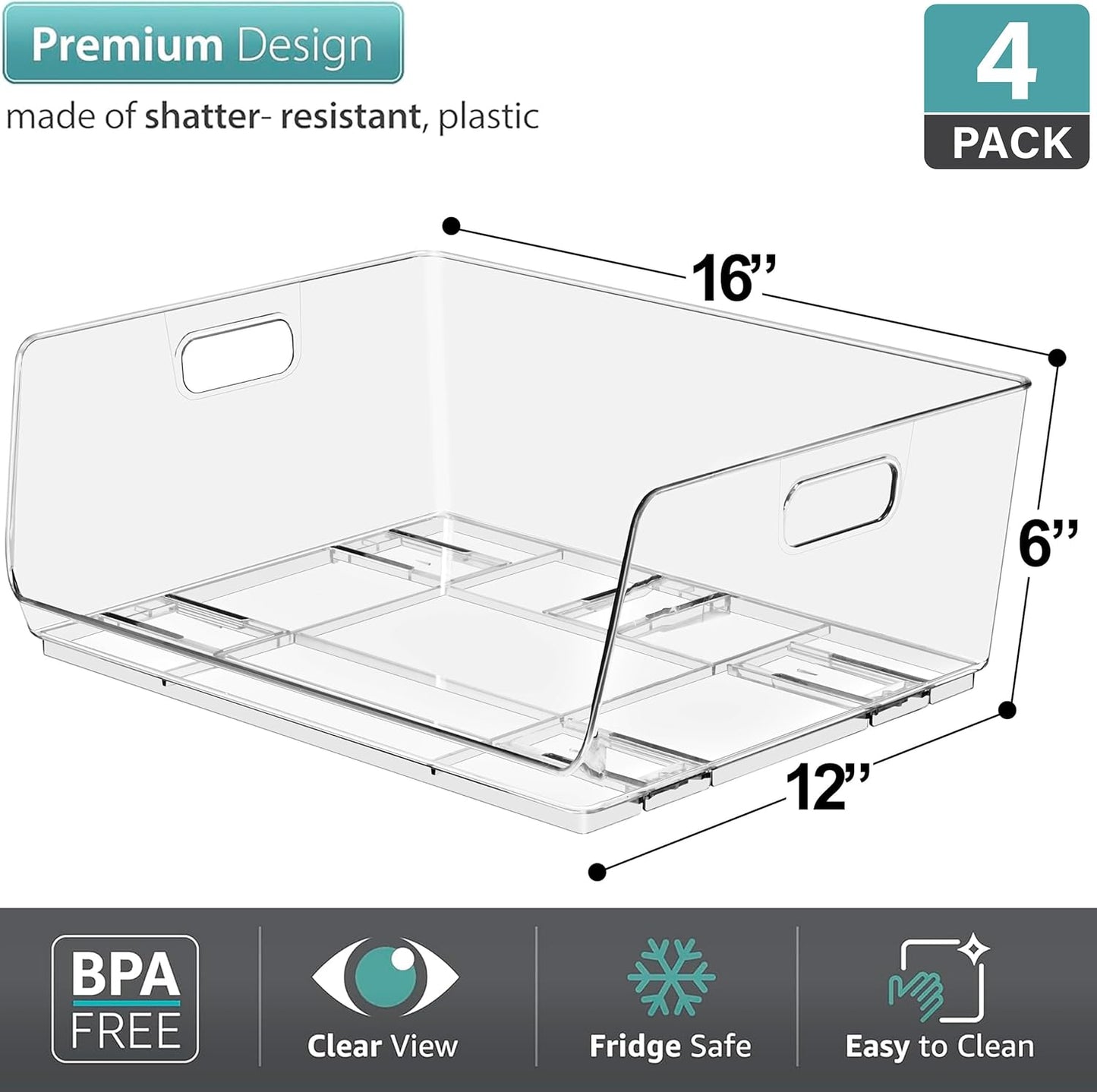 Sorbus Stackable Storage Bins Open Front - Pantry Bins for Storage and Organization - Acrylic Stackable Bins for Kitchen - Clear Pantry Organizer Bin (Large 4 Pack)