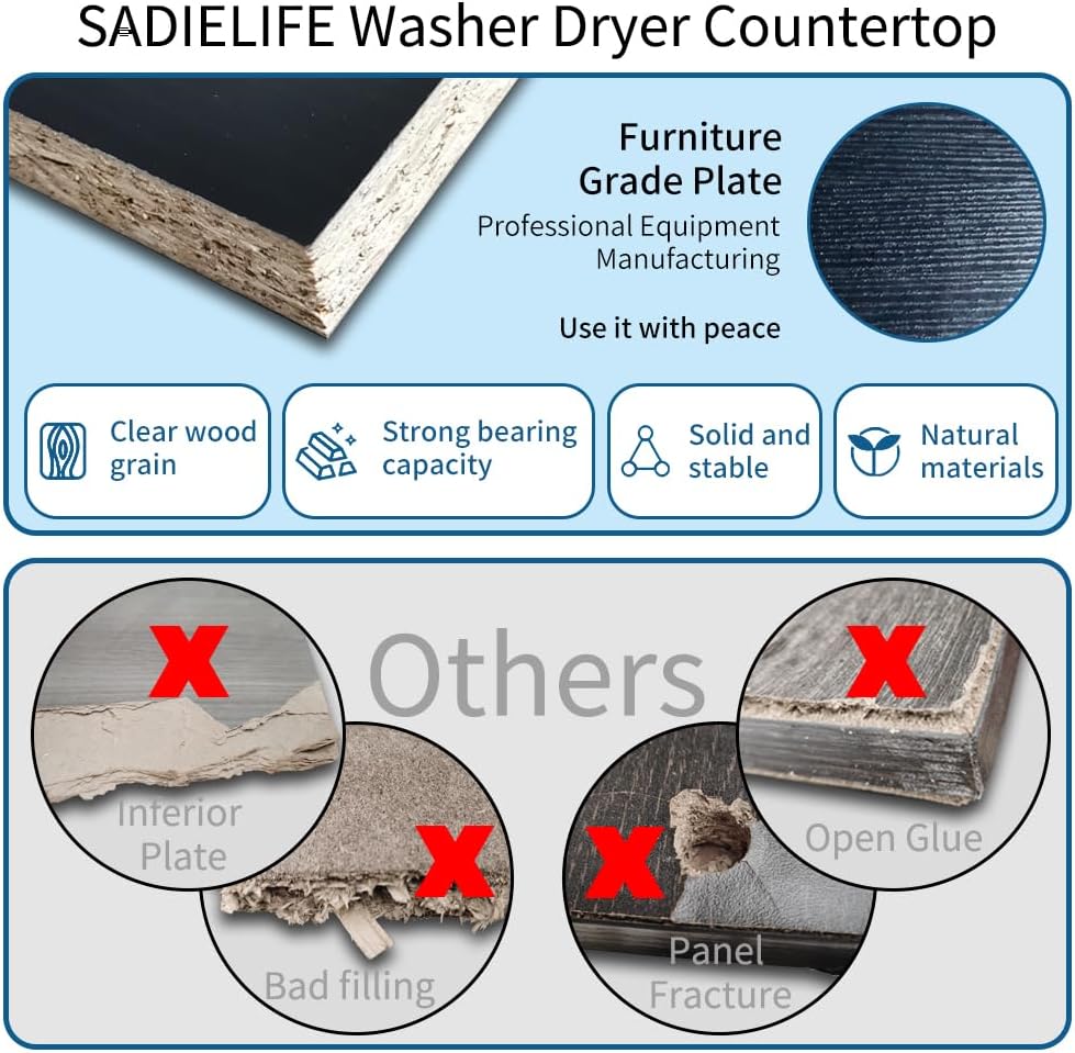 Washer Dryer Countertop Only,Edge Rails-27.5" Depth*27.5" Width Laundry Room Organization,High-Adhesion Non-Slip Protective Layer,with Edge Rails (Black)