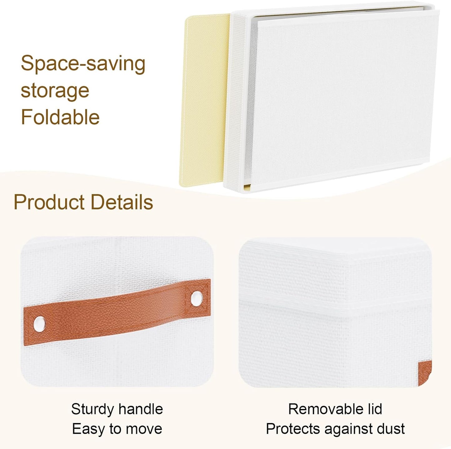 Fabric Storage Bins, Clothes Boxes for Shelves with Lids, 3 Pack Baskets for Organizing with Handles, Decorative Linen Closet Organizers, White, 16.5 x 11.8 x 10.2 Inch