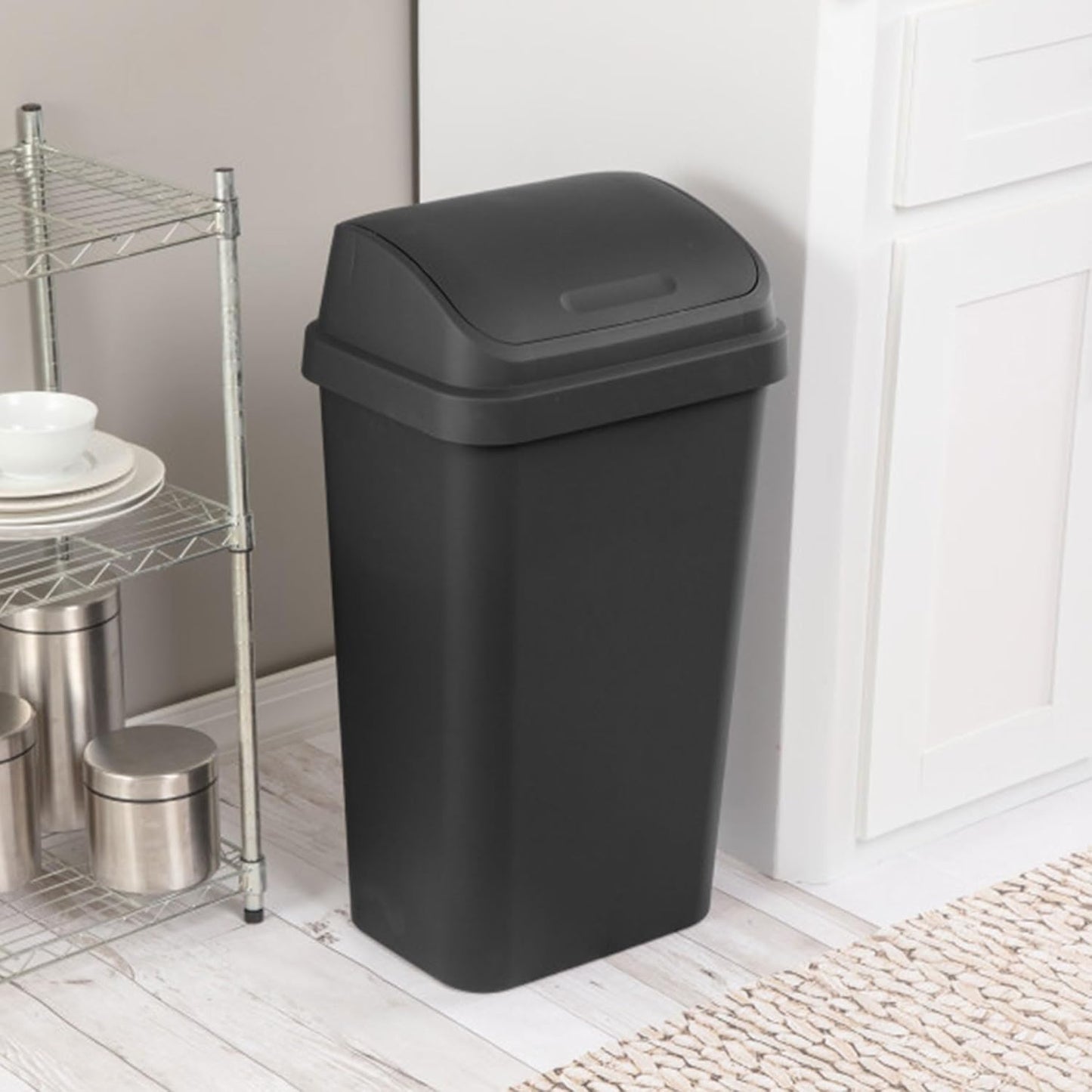 Sterilite 16-Pack Swing Top Wastebasket, Sleek Square Profile Trash Can, 13 Gallon, Black - Modern Garbage Bin for Kitchen, Bathroom, Garage and Workspace, Fits 13 Gal Liners