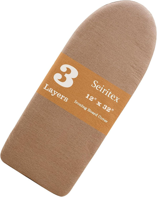 Ironing Board Cover 12 x 32 inch, Fits Table Top Ironing Board Heat Reflective, 3 Layers Thick Padding with Elasticized Edges, Small Iron Board Cover (Brown)