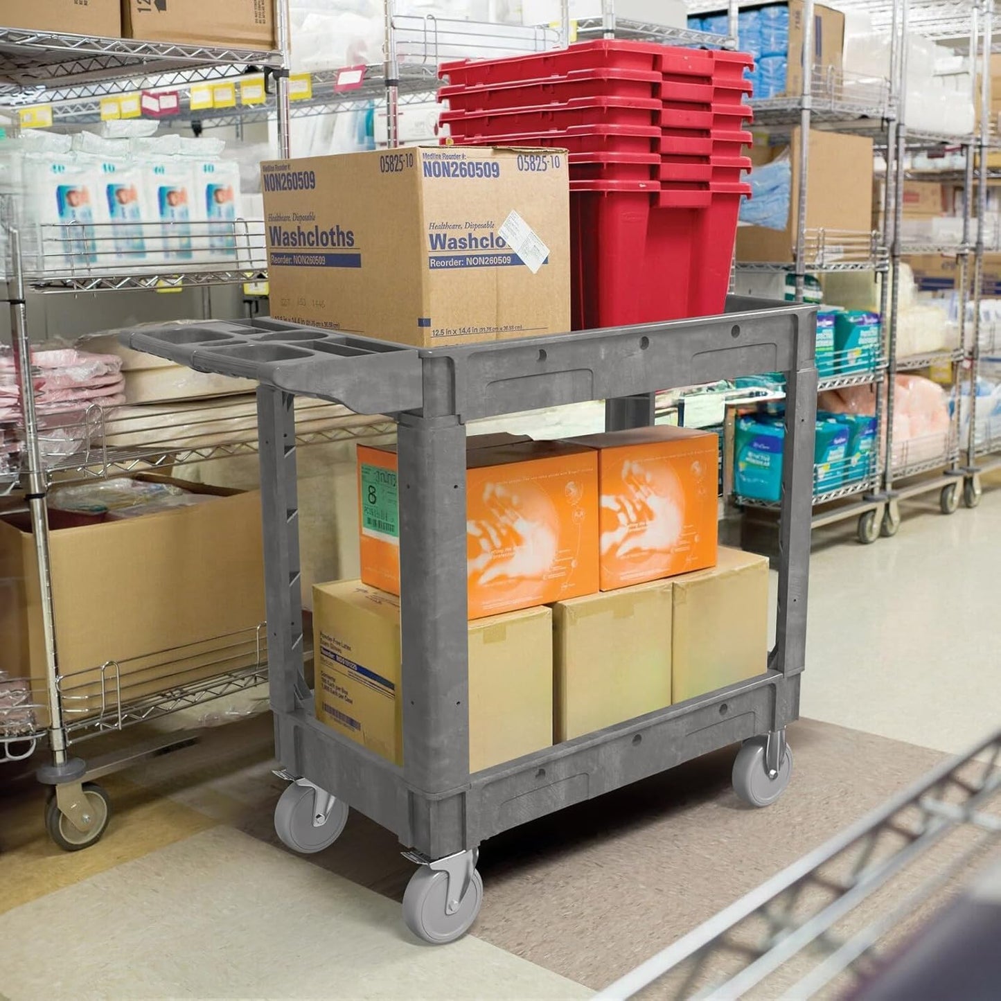 Utility Cart on Wheels, 1000 lbs Capacity Rolling Service Cart, 40 x 17 Inch Work Carts, 2 Shelf Heavy Duty Plastic Tool Cart, Lipped Shelves, for Warehouse, Garage, Cleaning, Gray