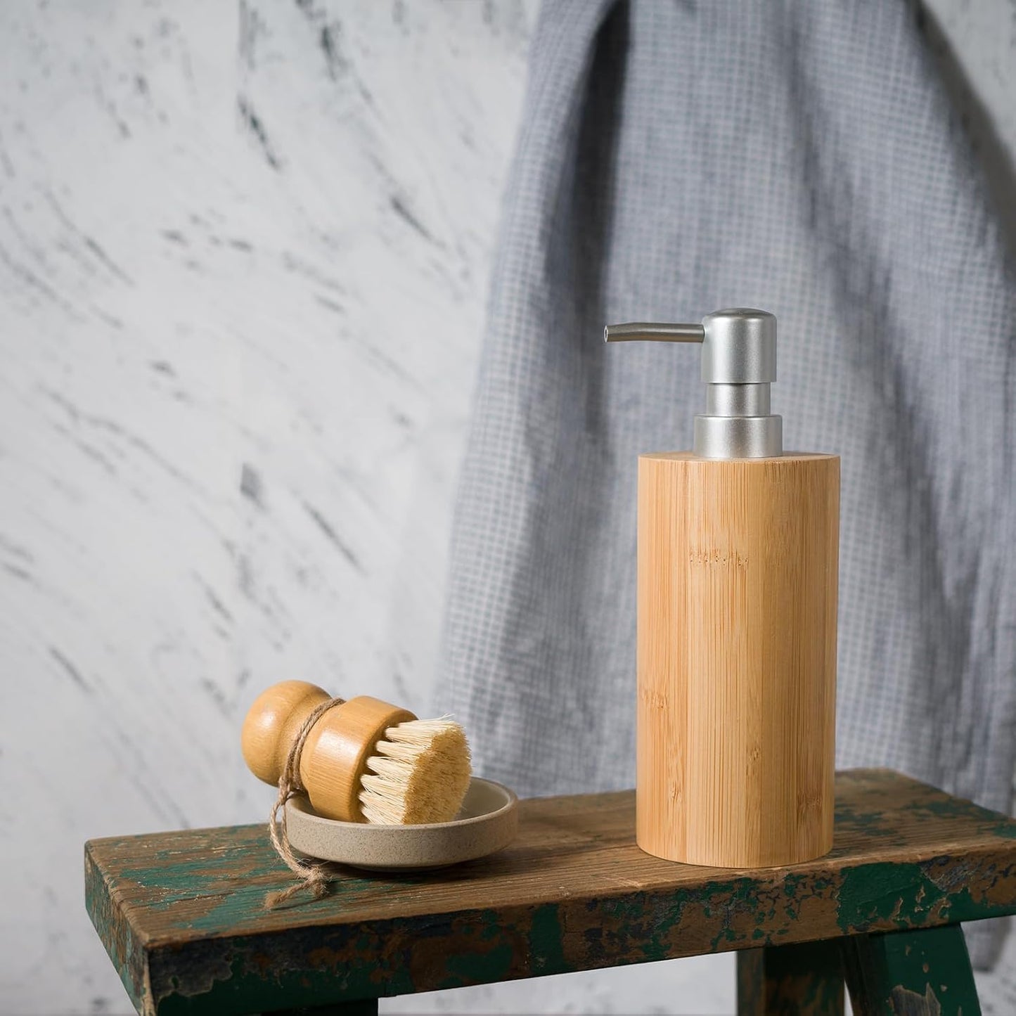 2 Pack Natural Bamboo Liquid Soap Dispensers, 10 oz Refillable Bottles with Silver Plastic Pumps for Bathroom or Kitchen Countertop