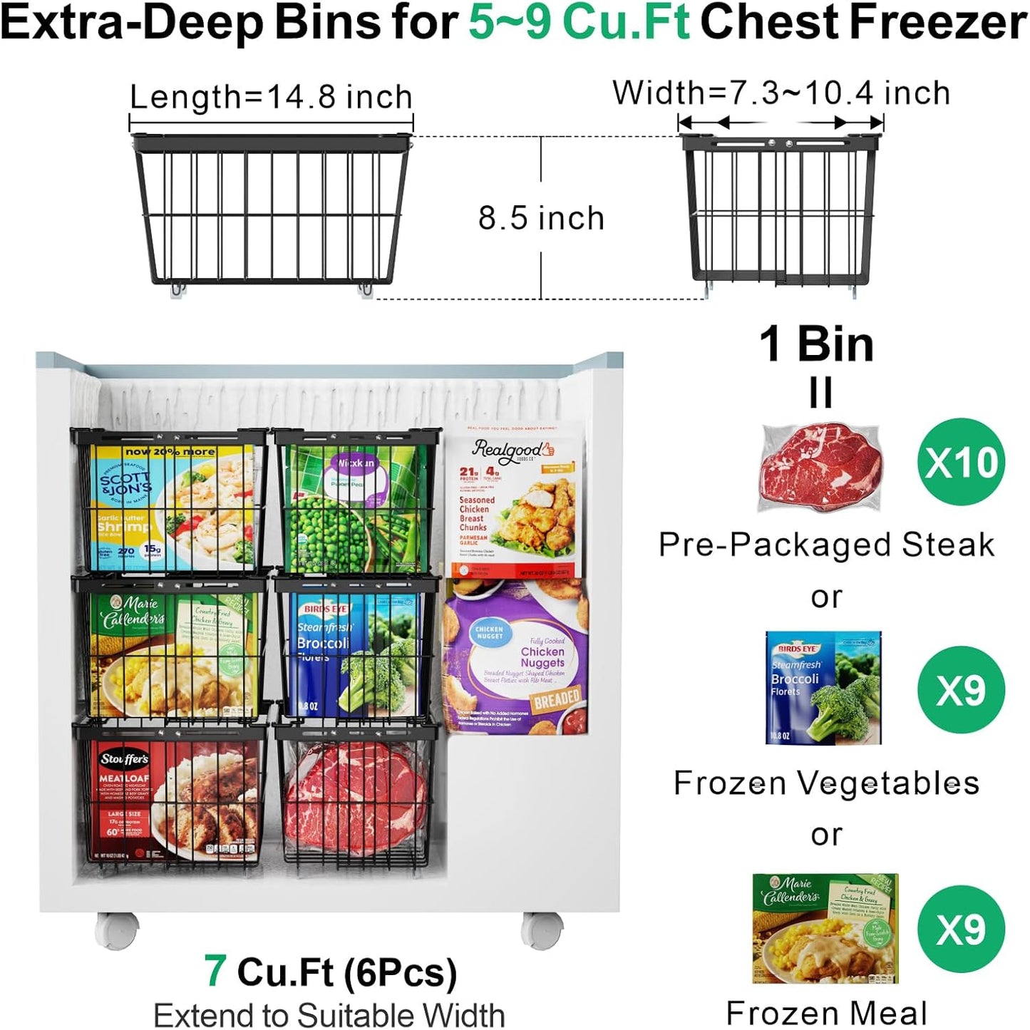 iSPECLE Freezer Organizer Bins - 5 Pack Adjustable & Extra Large Deep Freezer Organizer Bins for 5 to 9 Cu.Ft Chest Freezer, Easy Organize Basket Store More, Stackable No Wasted Space, Black