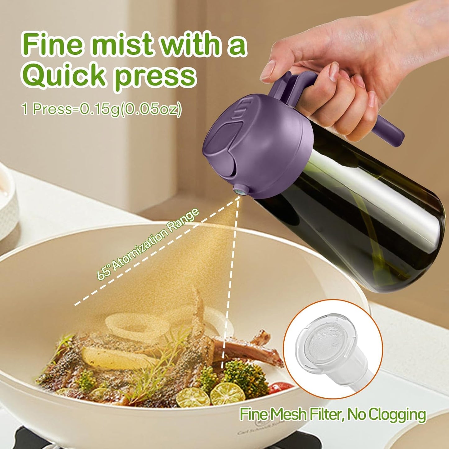 YARRAMATE 2Pcs 16oz/470ml Dark Green Oil Sprayer for Cooking with Stickers, Food-grade Premium 2 in 1 Olive Oil Dispenser Bottle for Kitchen Gadgets, Air Fryer, Salad, Frying, BBQ (Black&Purple)