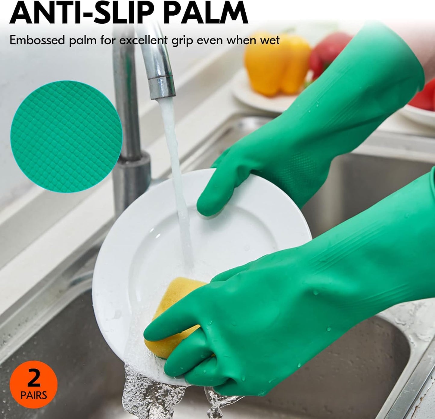 Vgo... 2-Pairs Reusable Household Gloves, Rubber Dishwashing gloves, Extra Thickness, Long Sleeves, Kitchen Cleaning, Working, Painting, Gardening, Pet Care (Size L, Green, HH4601)