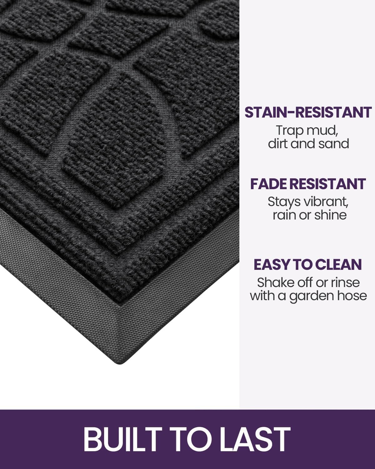 DEXI Front Door Mat Outside Entrance, Heavy Duty Non Slip Low Profile Doormat for Entryway, Trap Dirt and Moisture Welcome Mats, Easy Clean, Patio, Garage, 4x2, Black