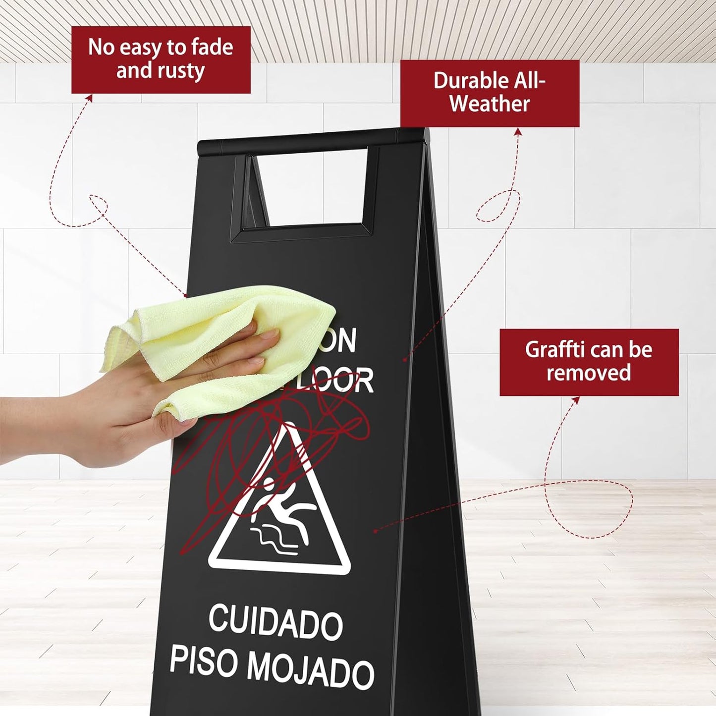 Stainless Steel Wet Floor Caution Sign Bulk 8.8 Pound Portable Foldable Handle Bilingual Safety Sign for Kitchen Restaurant Supermarket Shop Commercial Use Avoid Fall and Slip Accident (Black)