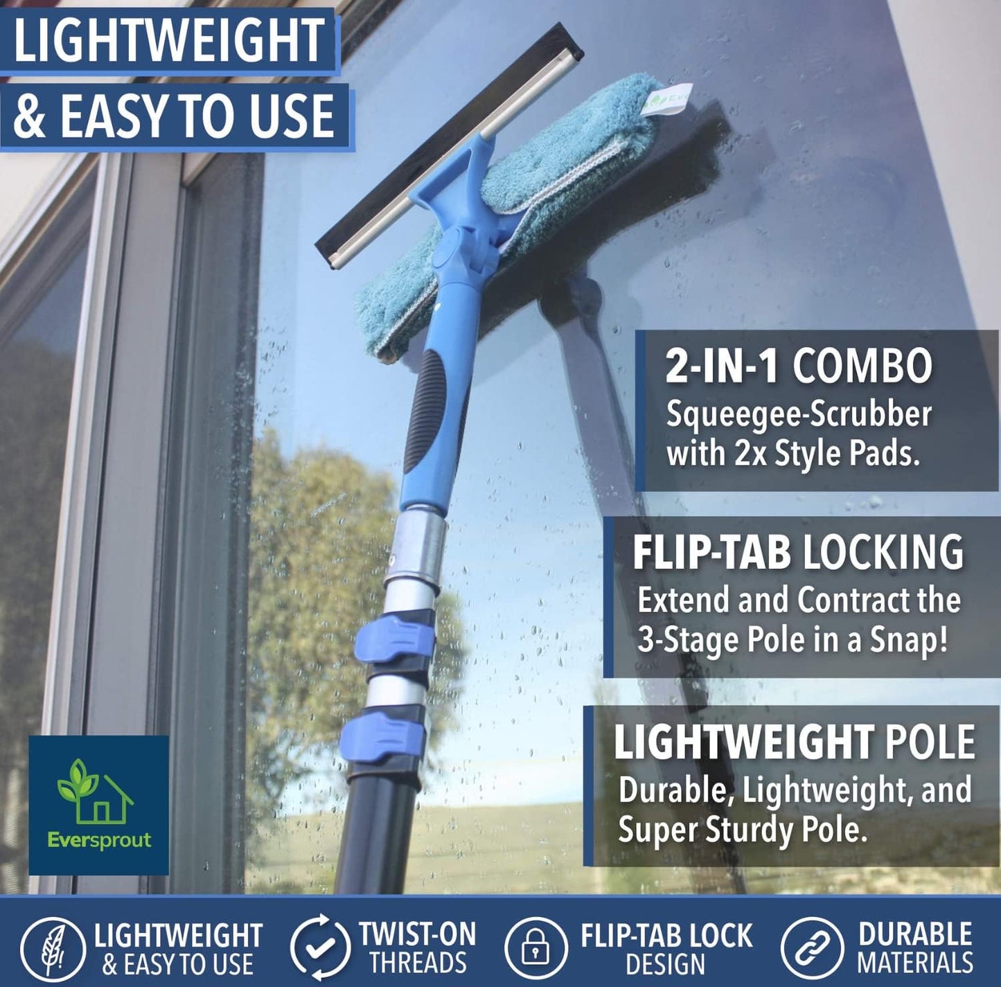 EVERSPROUT 5-to-12 Foot Swivel Squeegee & Microfiber Glass Window Scrubber, Window Squeegee & Window Cleaning Kit, Light-Weight Window Washing Kit with Extension Pole, Squeegee for Window Cleaning