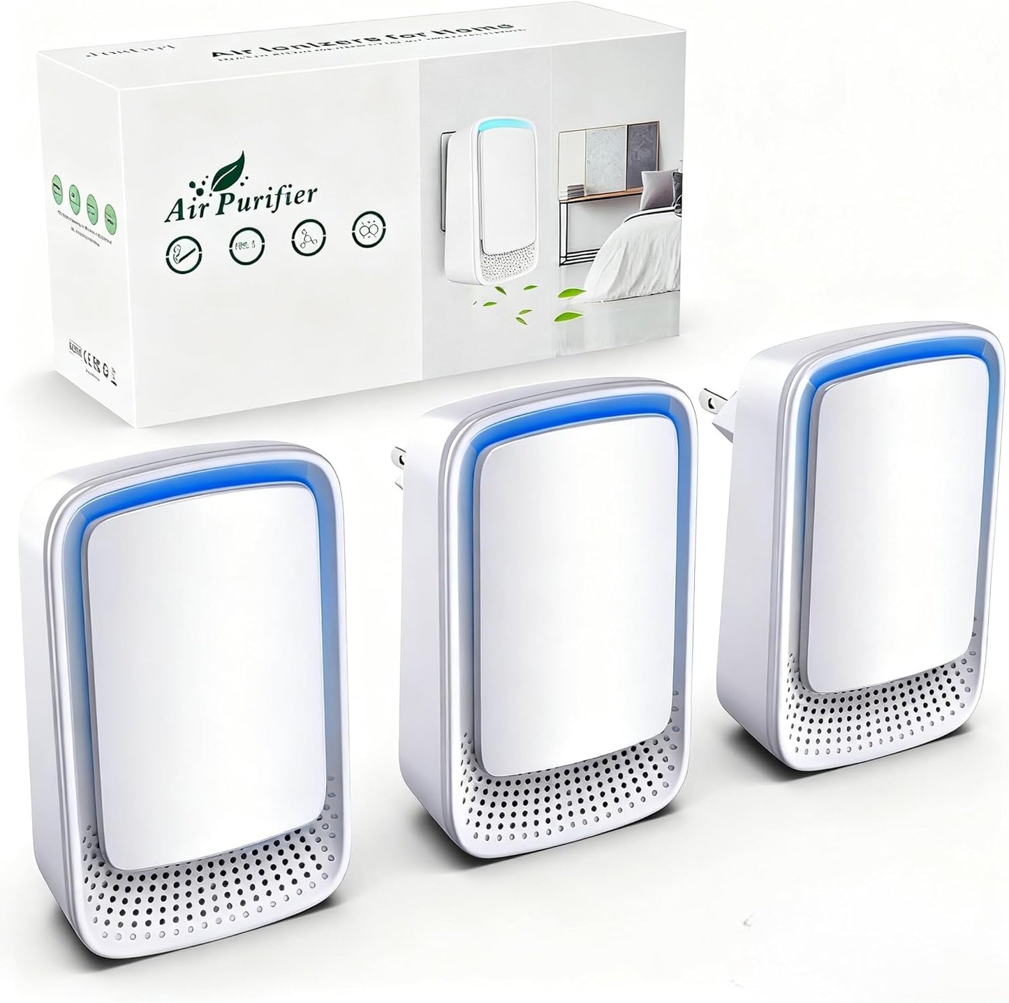 Air Ionizers for Home (3 Pack), Negative Ion Generator, Quiet Air Freshener for Bedroom, Office, Kitchen, Portable Air Filter Odor, Smoke Dust, Pets, Eliminator, Mini Air Cleaner