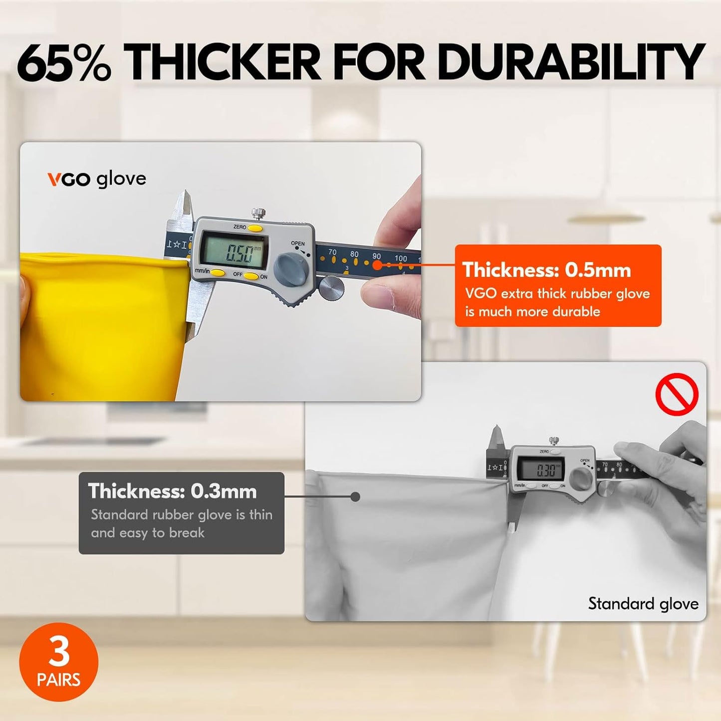 Vgo... 3-Pairs Reusable Household Gloves, Rubber Dishwashing gloves, Extra Thickness, Long Sleeves, Kitchen Cleaning, Working, Painting, Gardening, Pet Care (Size XL, Yellow, HH4601)