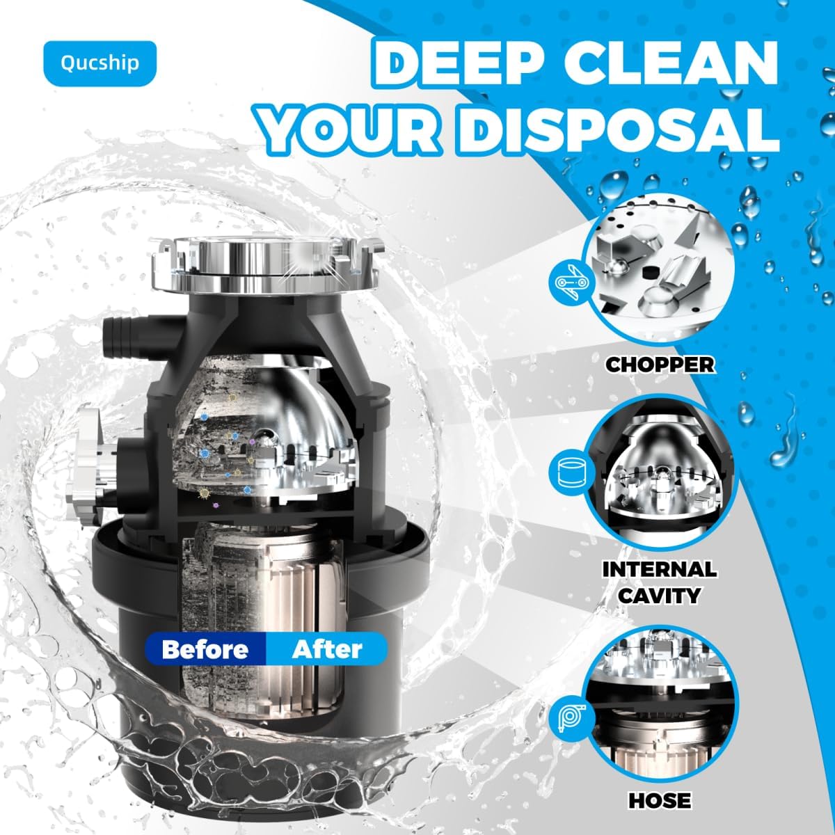 Qucship Powerful XXL Foaming Garbage Disposal Cleaner and Deodorizer Tablets - 24 Pack, Citrus Scent Garbage Disposal Cleaner, Sink Drain Clean for 1 Year Kitchen, House, Home Cleaning Essentials