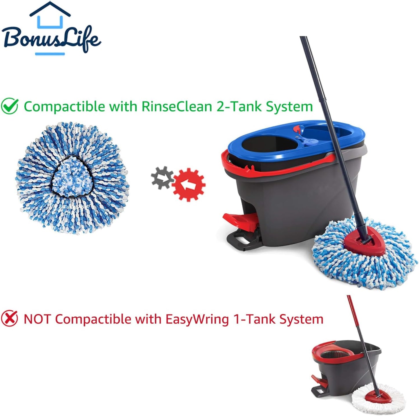 BonusLife 2-Pack Mop Head for O-Ceda RinseClean Spin Mop Refill 2-Tank System Only Easy Cleaning Microfiber Replacement