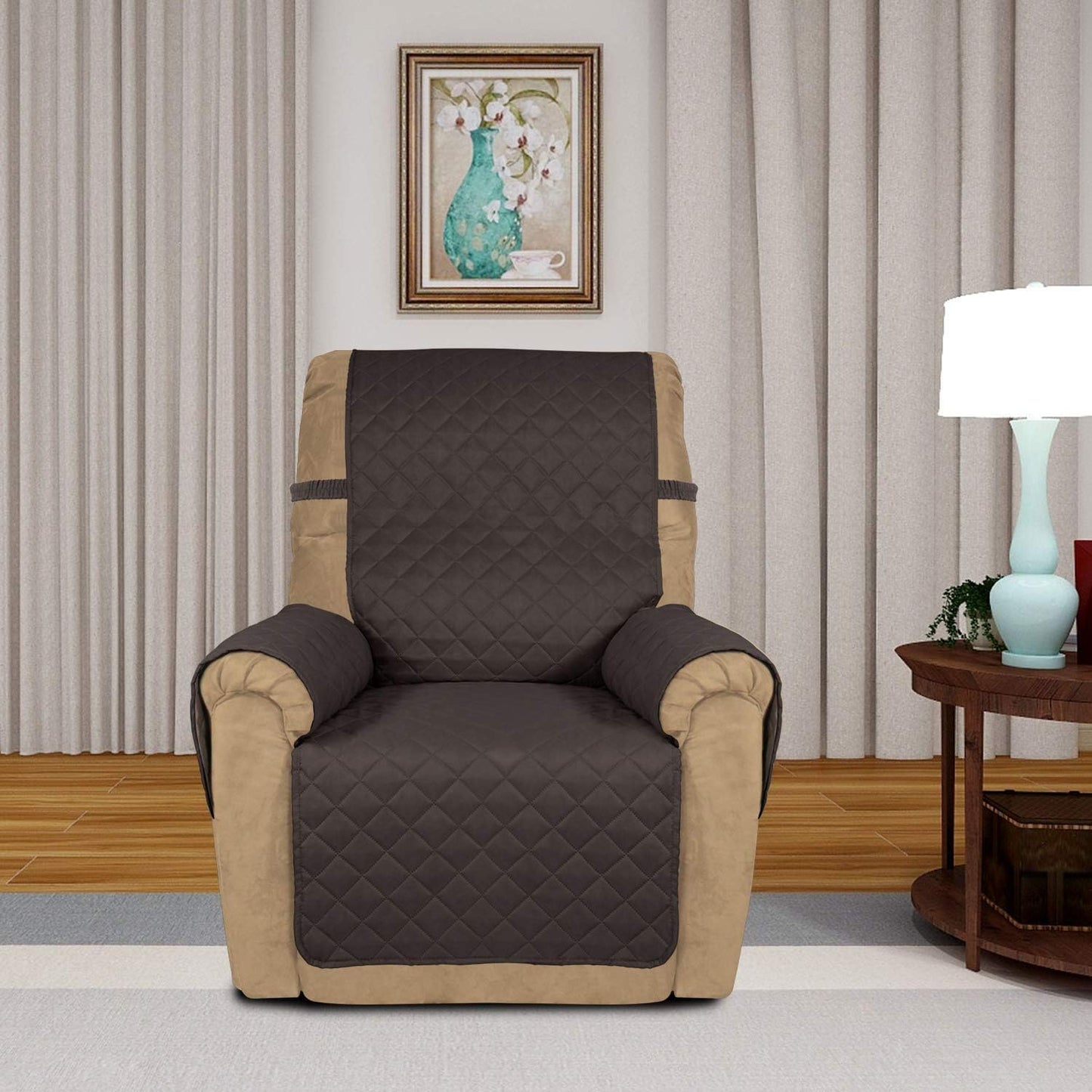 PureFit Reversible Quilted Sofa Cover, Water Resistant Slipcover Furniture Protector, Washable Couch Cover with Non Slip and Elastic Straps for Kids, Dogs, Pets (Small Recliner, Chocolate/Beige)