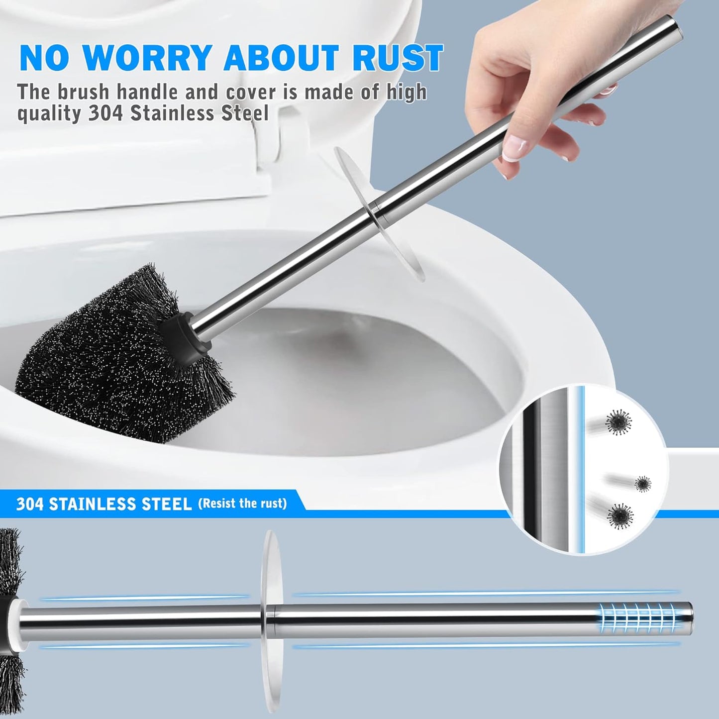 Toilet Brush and Holder, Toilet Brush with 304 Stainless Steel Long Handle, Toilet Bowl Brush for Bathroom Toilet-Ergonomic, Elegant,Durable（Black）