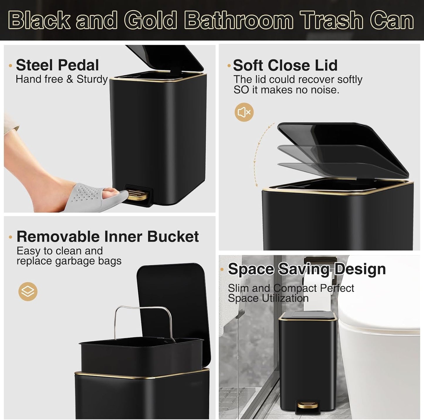 Small Bathroom Trash Can with Lid Soft Close, 1.8 Gallon Stainless Steel Garbage Can with Removable Inner Bucket,Black Toilet Brush,75Count Trash Bags, Slim Step Pedal Trash Bins