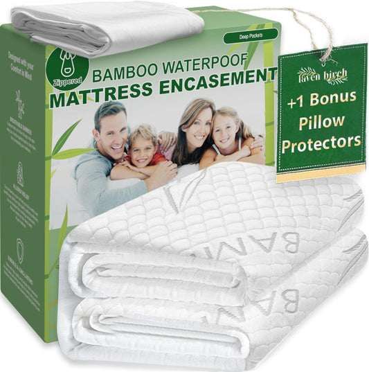 Bamboo Rayon Mattress Protector with Zipper +1 Pillow Protector - 100% Waterproof Cooling Twin XL Size Cover - Ultra Soft Fabric Breathable Noiseless Mattress Pad Covers Zippered Encasement