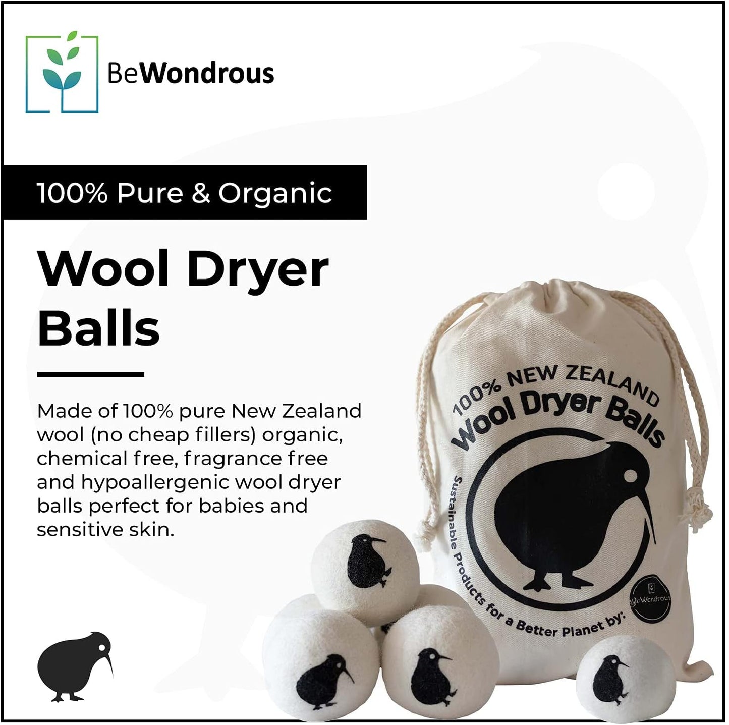 Wool Dryer Balls XL, 100% New Zealand Organic Wool - Reusable Natural Fabric Softener for Laundry, Dryer Sheets Alternative - Prevent Wrinkles and Anti Static (White, 4-Pack)