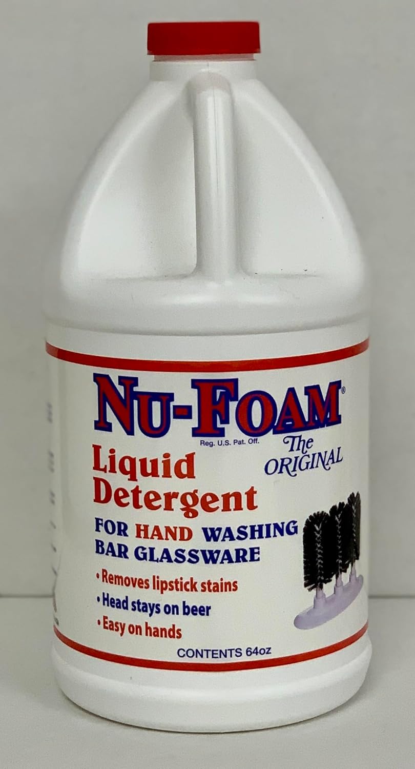 Nu-Foam Liquid Detergent for Bar Glassware – Original Streak-Free Solution - Hand Washing Bar, Tavern, Brewery Supplies - Spotless Serving Glasses - Concentrated Formula - Easy On Hands - 64oz Jug