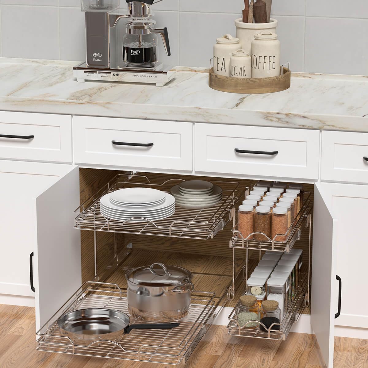 OCG 2 Tier Pull Out Cabinet Organizer (15.5" W x 18" D), Pull Out Drawers for Kitchen Cabinets, Pull Out Shelves for Base Cabinet Organization in Kitchen Bathroom Pantry, Chrome Finish