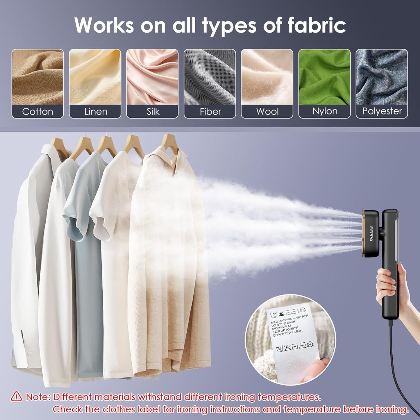 FEPPO Travel Steamer for Clothes, 110-240V Dual Voltage Portable Steamer & Iron 2 in 1, Fast Heat Up, 1100W Powerful Garment Steamer, Large Ceramic Heat Panel for Home & Global & Europe Traveling