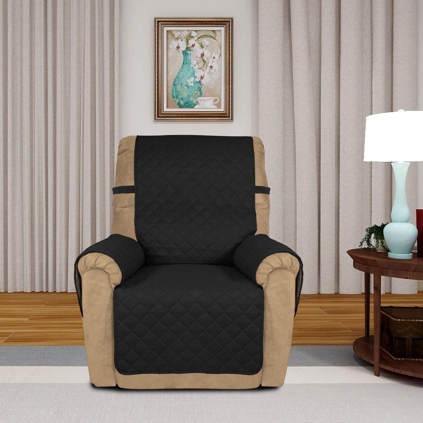 PureFit Reversible Quilted Sofa Cover, Water Resistant Slipcover Furniture Protector, Washable Couch Cover with Non Slip and Elastic Straps for Kids, Dogs, Pets (Small Recliner, Black/Beige)