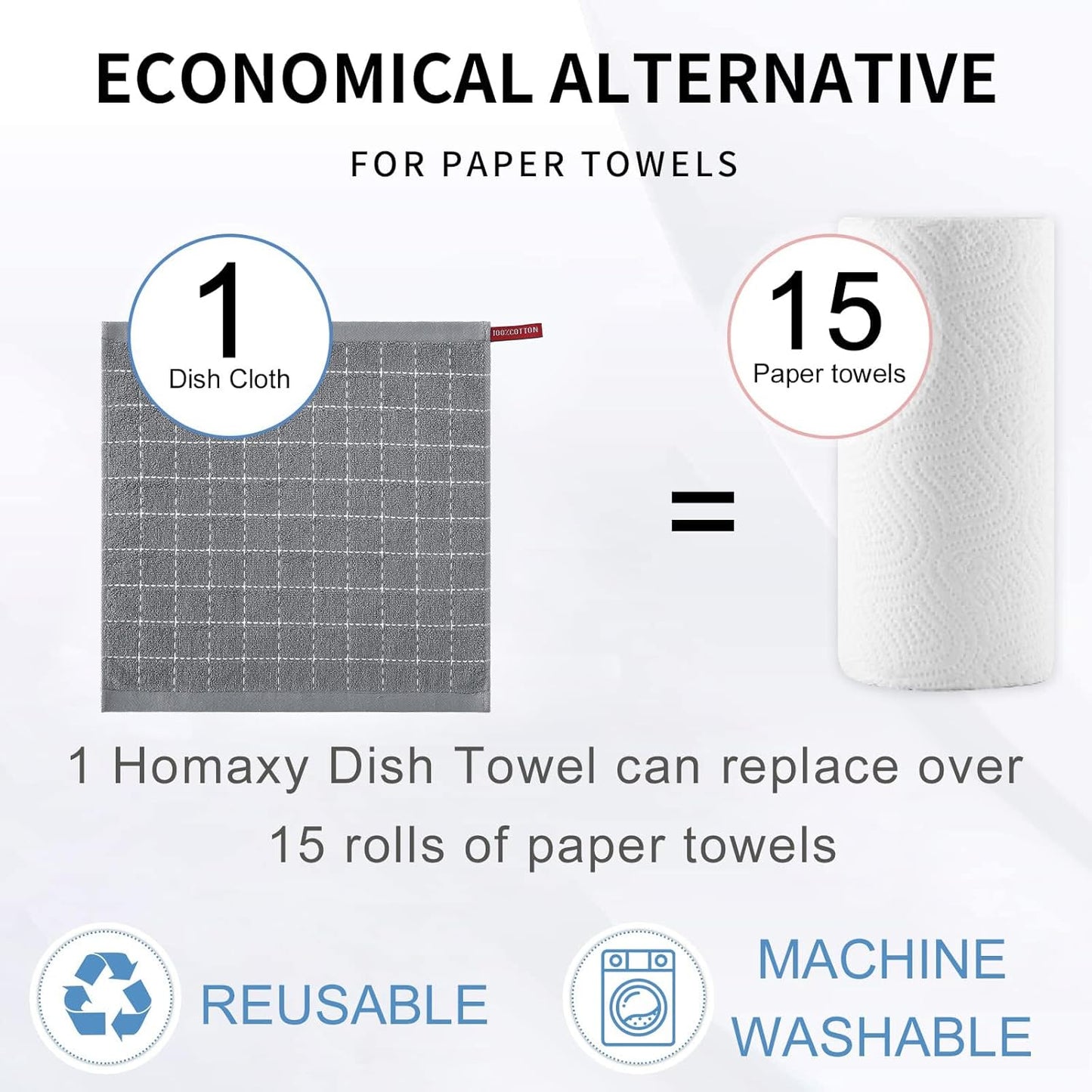 Homaxy 100% Cotton Terry Kitchen Dish Cloths, Ultra Soft and Absorbent Dish Towels for Kitchen, Suitable for Drying and Washing Dishes, 8 Pack, 12 x 12 Inches, Grey