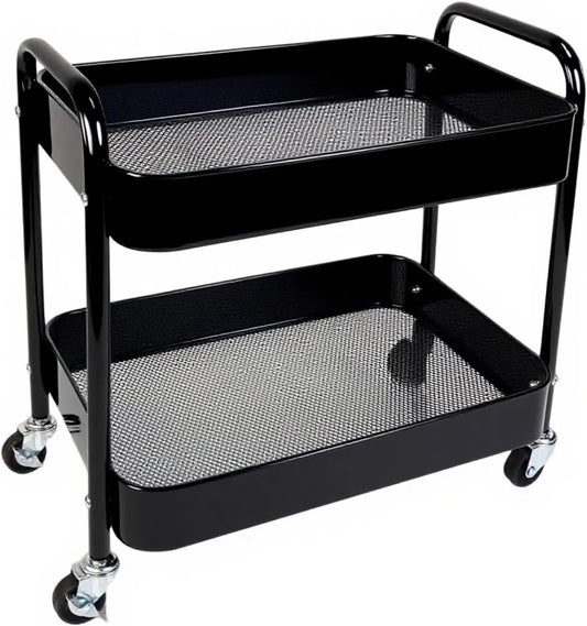 2 Tier Rolling Cart with Wheels for Under Desk Storage & Pantry Storage, Large Capacity Laundry Room & Makeup Organizer, Sturdy Kitchen Utility Cart for Small Space with 4 Hooks, Black