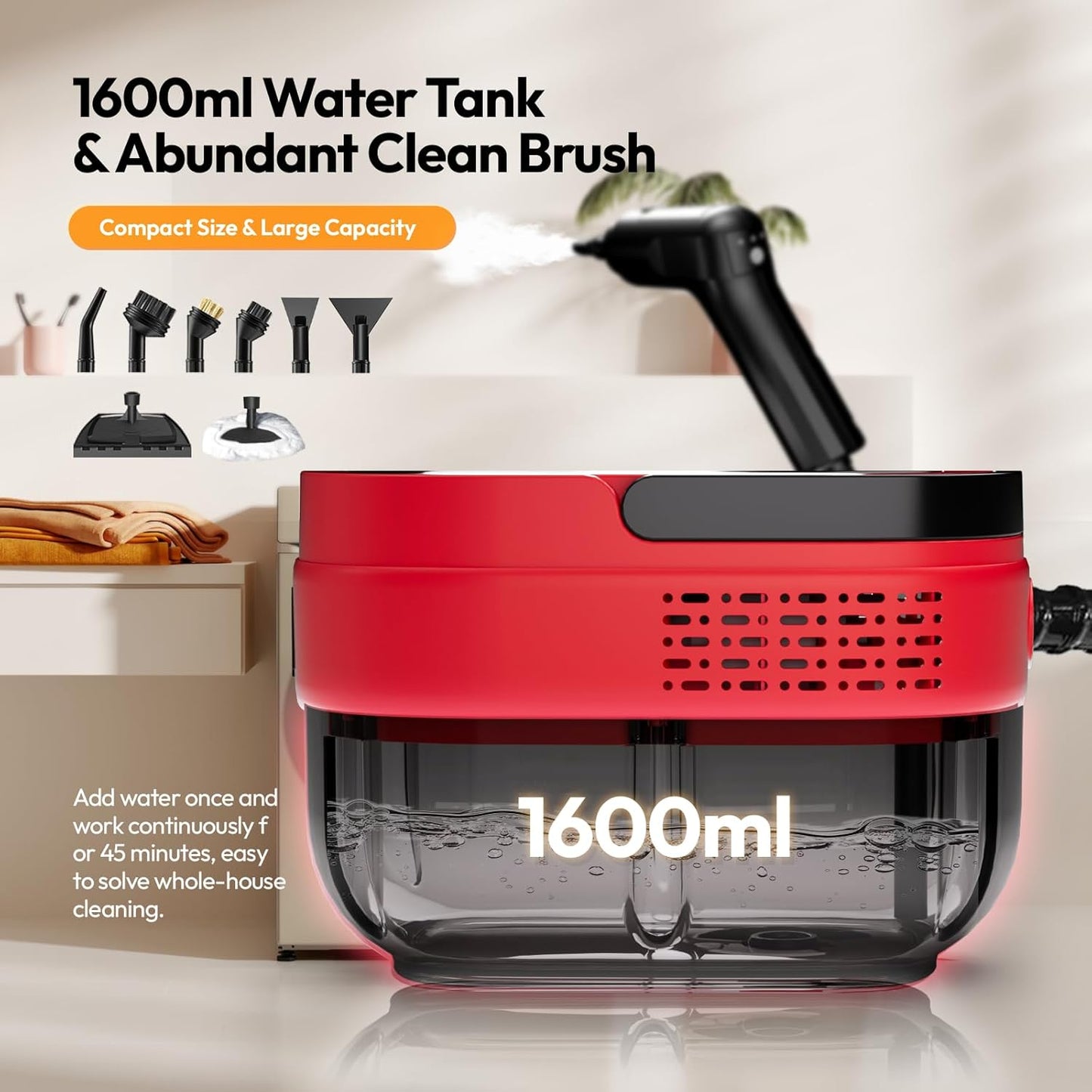 Steam Cleaner, 2500w Steamer for Cleaning, 3-Garde Adjustable Handle, 1.6L Water Tank, Steam Cleaner for Home, Fast Heat Handheld Steam Cleaner, Handheld Steamer for Car, Furniture, Kitchen, Bathroom