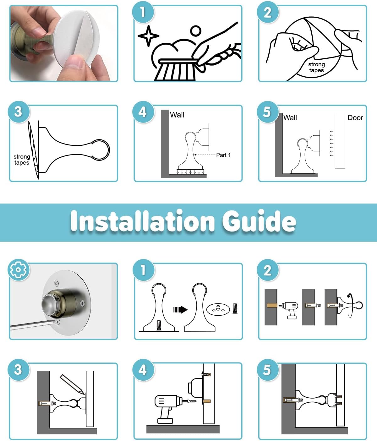 Door Stoppers Magnetic Door Catch - 6 Pack Stainless Steel Heavy Duty Door Stops for Bottom of Door, Wall & Floor Mounting No-Drill Strong Adhesive & Screws, Strong Door Holder to Keep Door Open