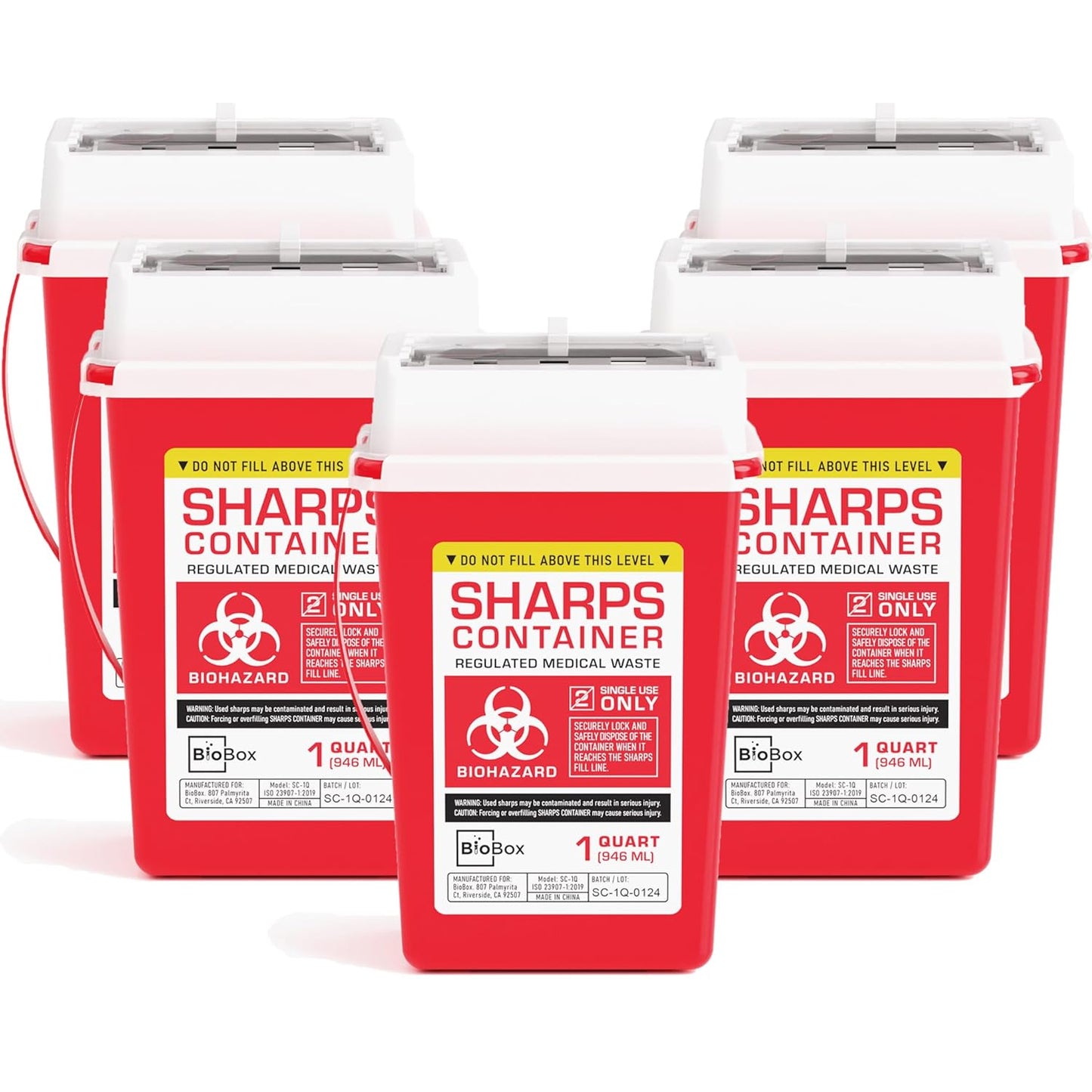 Sharps Container Large - Sharps Containers for Home Use and Labs - Portable Needle Disposal and Travel Size Biohazard Bin - 1 Quart (Pack of 5)