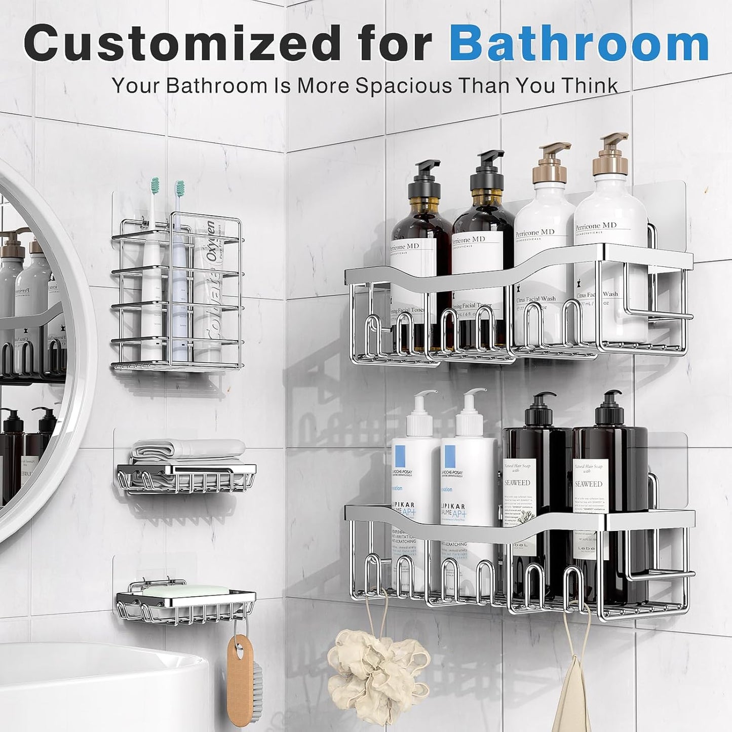 EUDELE 5-Pack Rustproof Stainless Steel Shower Caddy – No Drill Adhesive Bathroom Organizer with Large Capacity, Spacious Shower Shelves for Inside Shower, Kitchen & Home Decor Storage-XL Size