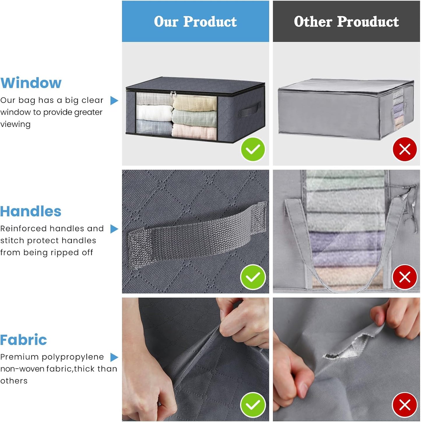 HomeHacks Storage 8-Pack Clothes Organizer Storage Bags Foldable Storage Box with Large Clear Window Sturdy Handles for Closet, Dorm, Pillows, Bedding, Clothes, Blankets, 35L, Grey