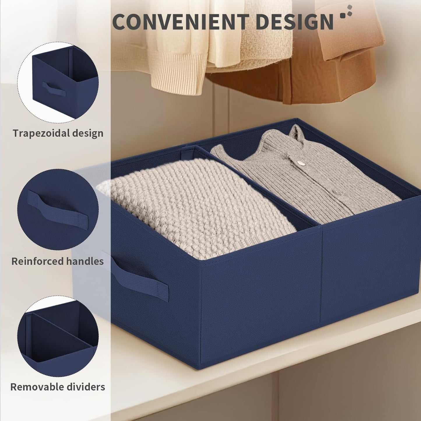 DIMJ Large Closet Shelf Organizer Bins 4 Packs with Handles and Divider, Fabric Trapezoid Storage Baskets, Foldable Clothes Containers Box for Shelf, Towel, Book, Toy, Purse, Hats, Navy Blue