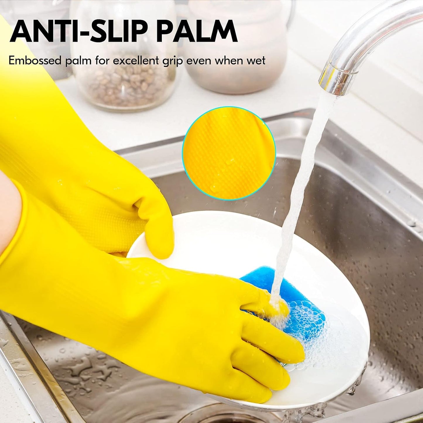 Vgo... 1-Pair Reusable Household Gloves, Rubber Dishwashing gloves, Extra Thickness, Long Sleeves, Kitchen Cleaning, Working, Painting, Gardening, Pet Care (Size XL, Yellow, HH4601)