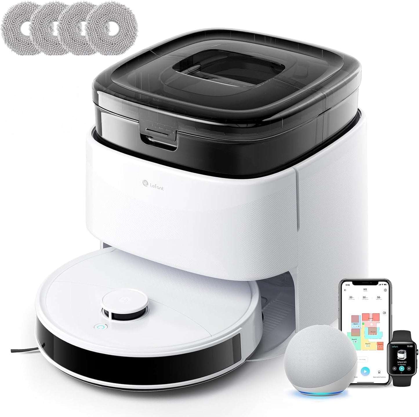 Lefant Robot Vacuum, M3 Robot Vacuum and Mop, 10000Pa Suction, Anti-Tangle Brushes, Dual Spinning Mop, Auto Mop Washing, Cool Drying, Self-Emptying, Self-Cleaning, All-in-One Dock, for Pet Hair Dust