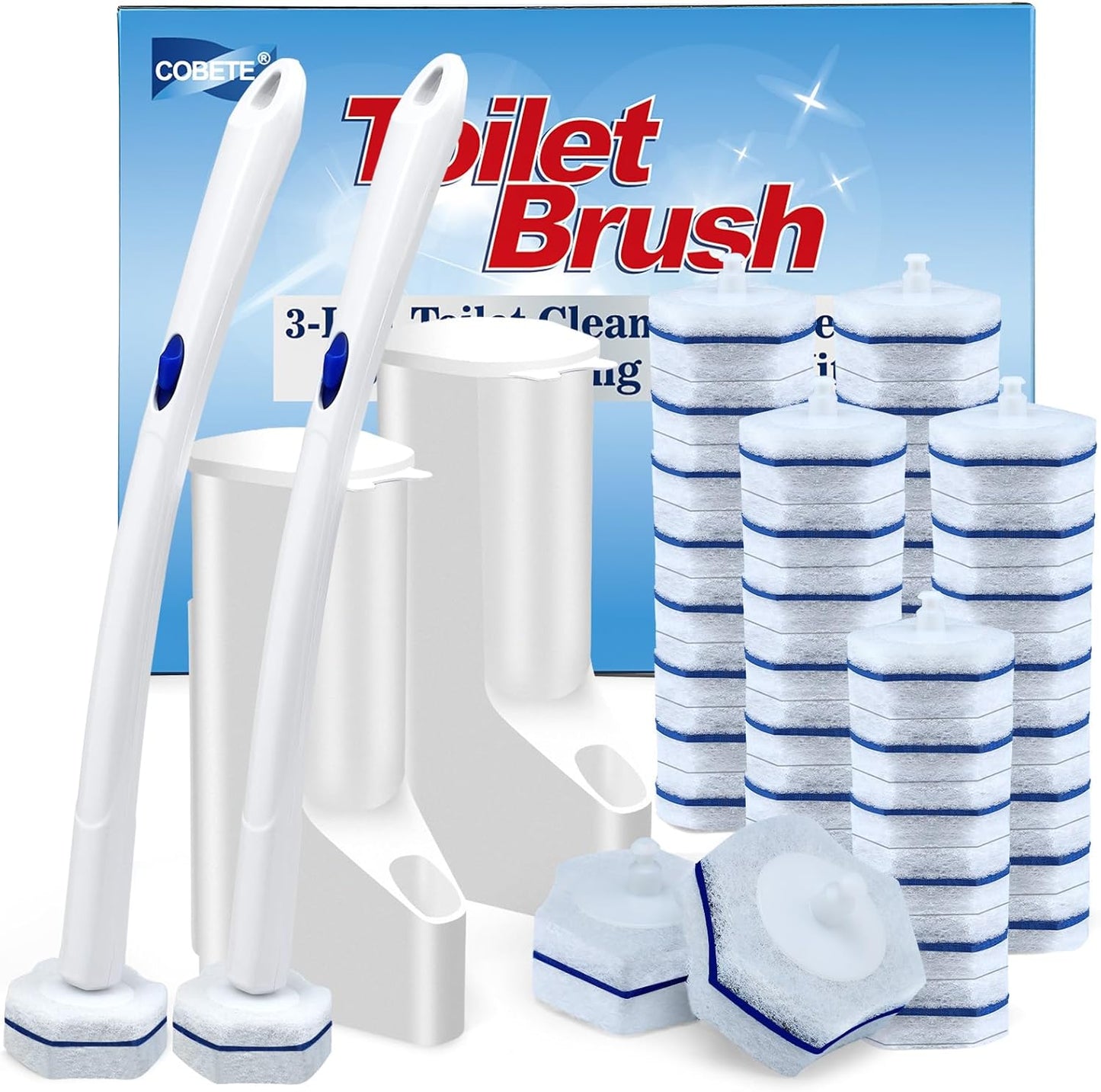 COBETE Disposable Toilet Brush Wand 2 Kit with 40 Refills, Efficient Deep Scrubbing Toilet Bowl Cleaner Wand for Bathroom Toilet Cleaning